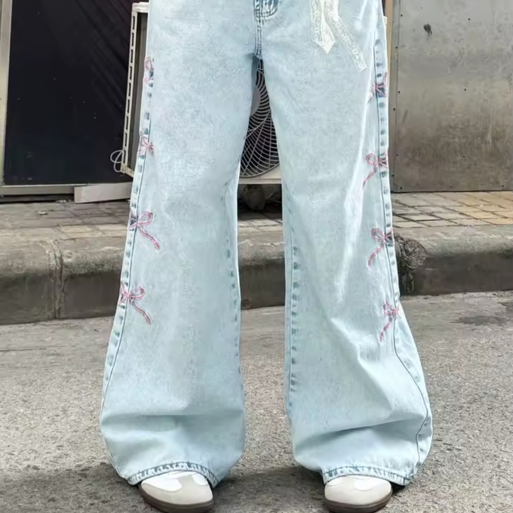 Women Straight-Leg Denim Pants With Side Bow TrimSimple Street Style Casual Fas - Picture 5 of 7